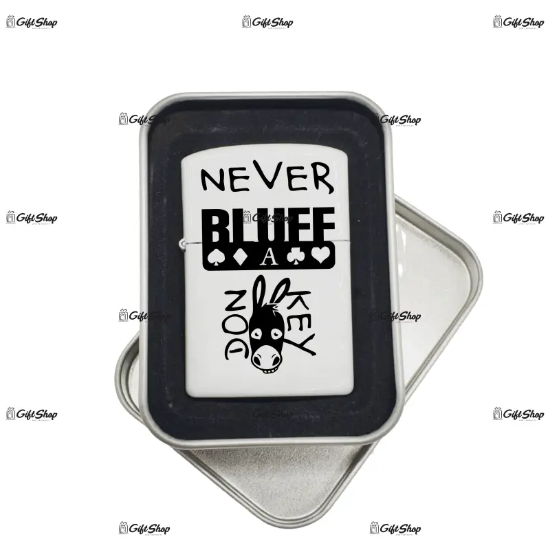 Never bluff a donkey bricheta metalica gravata laser cu mesaj